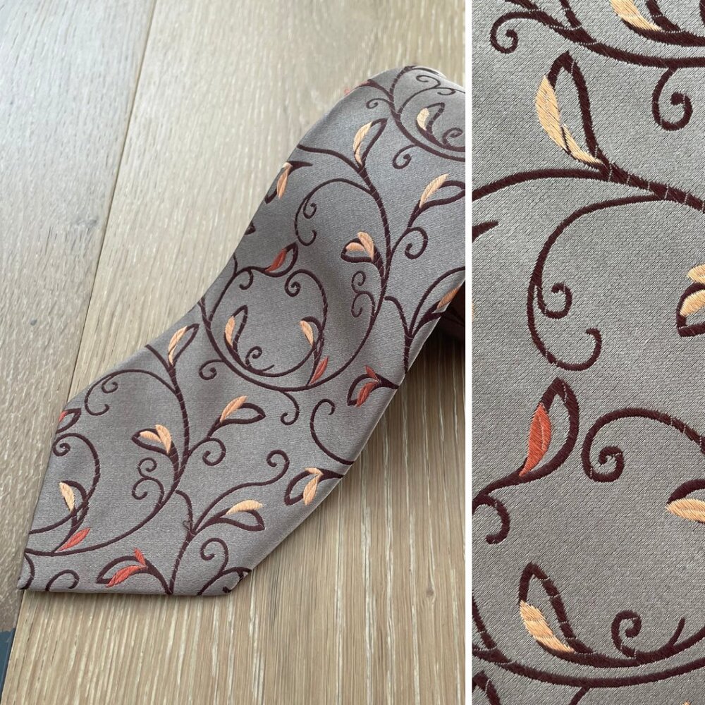 Alfani Tie Men Necktie Wide 100% Silk Tan Brown Floral Tree Leaf Orange Rust